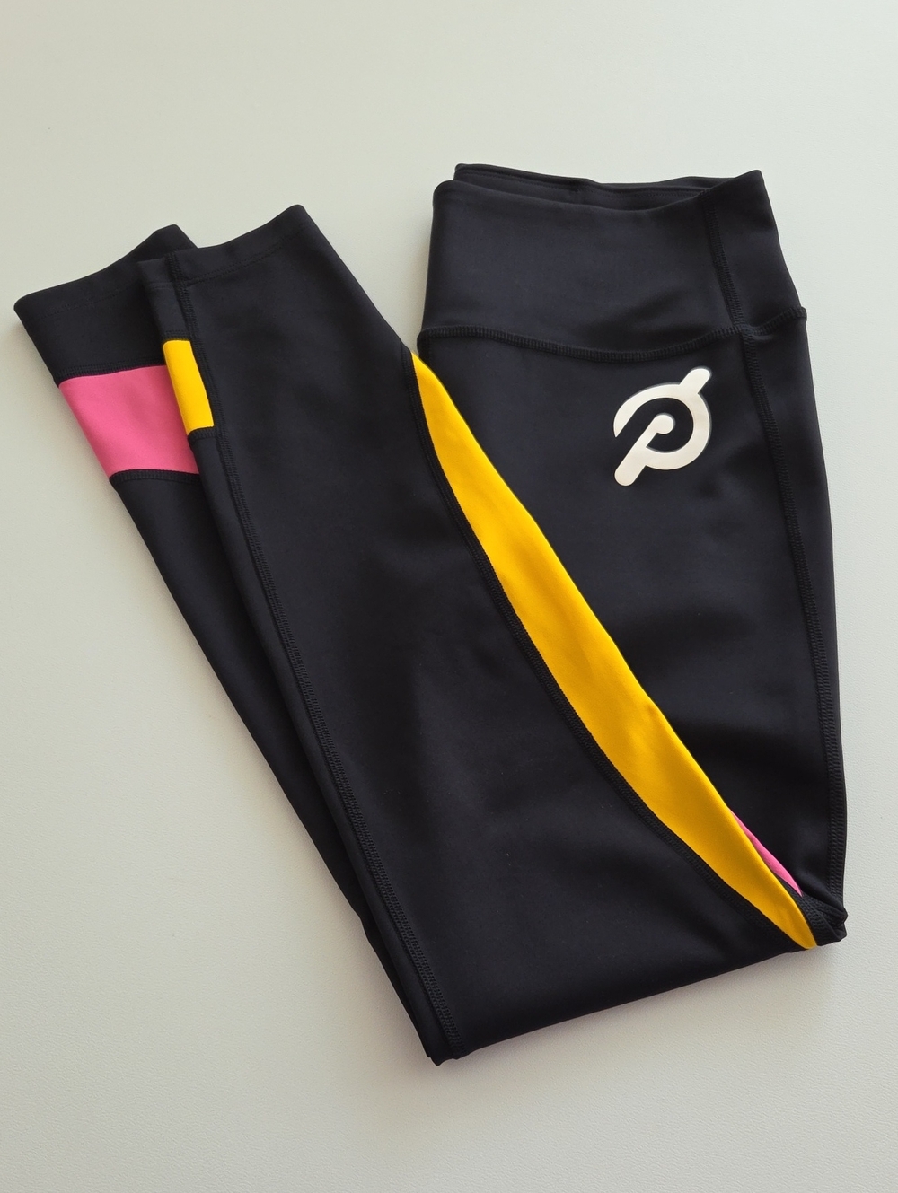 Peloton Women’s Black High-Rise Leggings with Yellow & Pink Accents